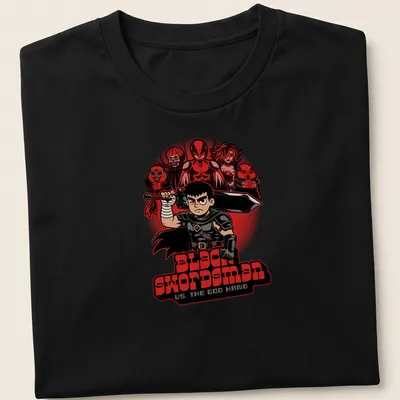 Bold cartoon graphic of Black Swordsman facing the God Hand with striking colors