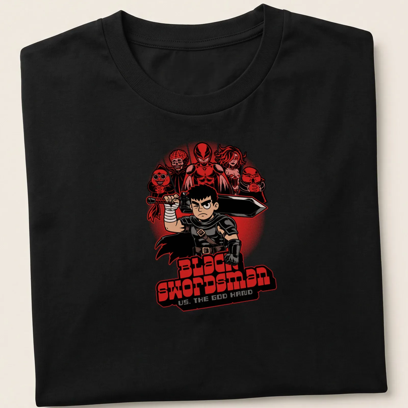 Bold cartoon graphic of Black Swordsman facing the God Hand with striking colors — printed on a unisex t-shirt