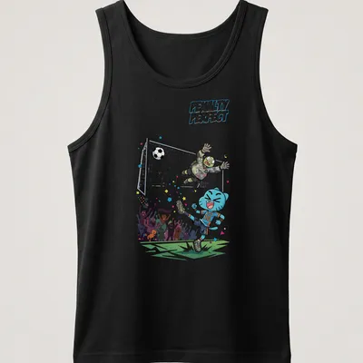 Cartoon blue cat playing soccer with colorful elements and text PENALTY PERFECT 2026 — printed on a tank top