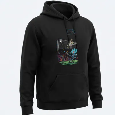Cartoon blue cat playing soccer with colorful elements and text PENALTY PERFECT 2026 — printed on a unisex hoodie