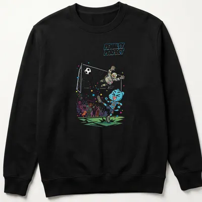 Cartoon blue cat playing soccer with colorful elements and text PENALTY PERFECT 2026 — printed on a unisex sweatshirt