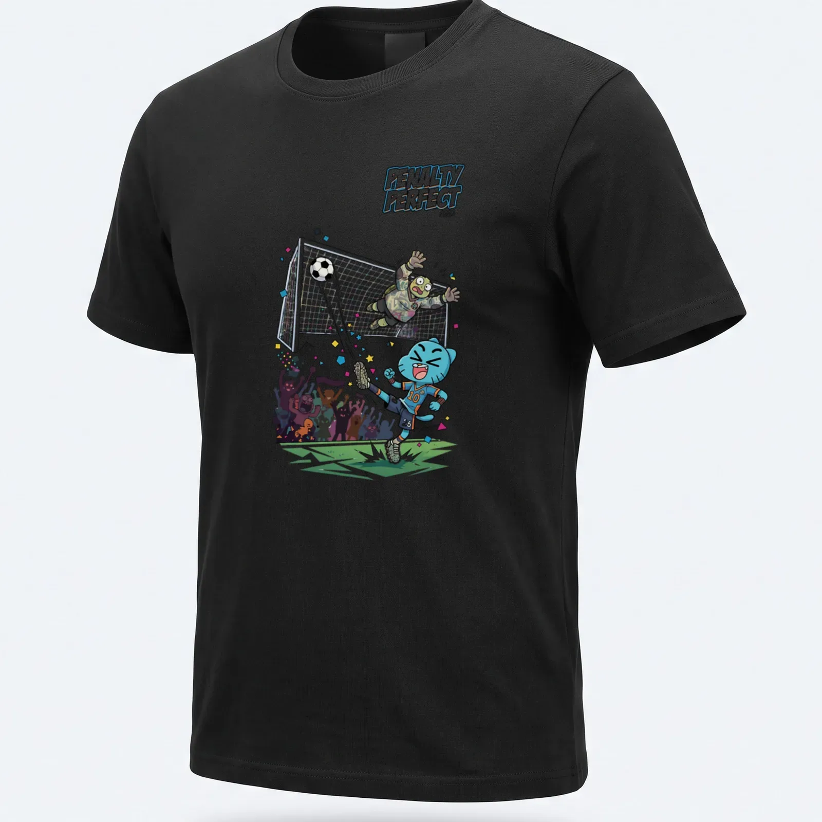 Cartoon blue cat playing soccer with colorful elements and text PENALTY PERFECT 2026 — printed on a unisex t-shirt