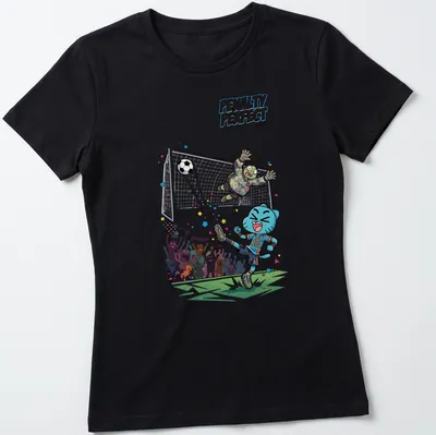 Cartoon blue cat playing soccer with colorful elements and text PENALTY PERFECT 2026 — printed on a women's shirt