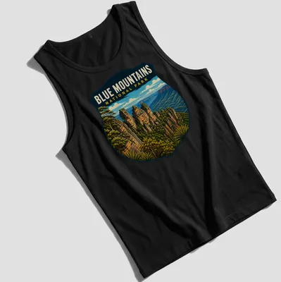 Vintage shield design featuring Blue Mountains National Park text with nature illustration. — printed on a tank top
