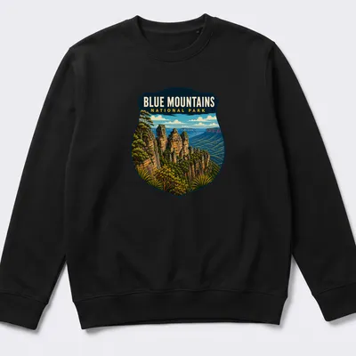 Vintage shield design featuring Blue Mountains National Park text with nature illustration. — printed on a unisex sweatshirt