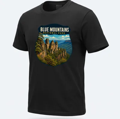 Vintage shield design featuring Blue Mountains National Park text with nature illustration.