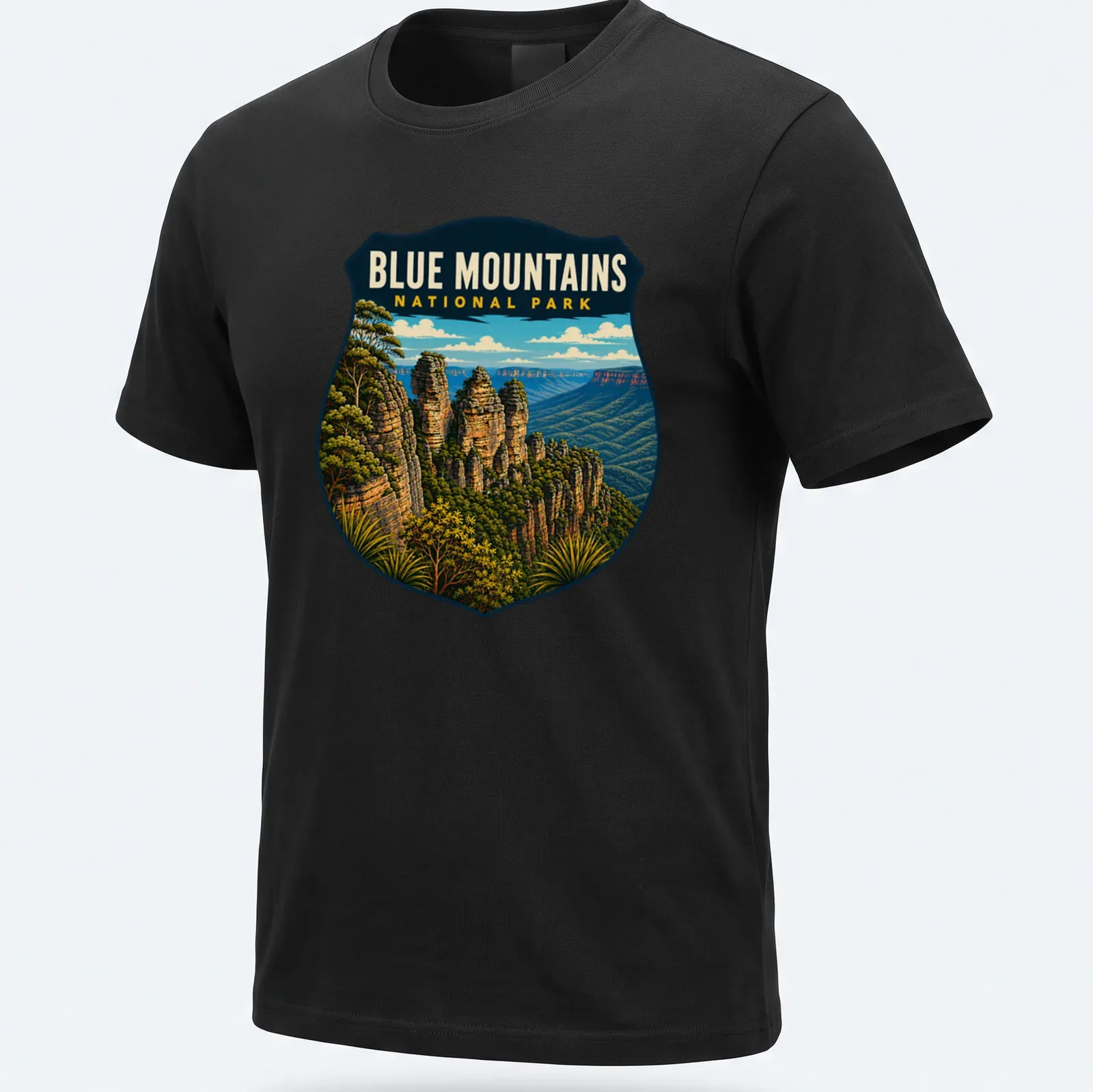 Vintage shield design featuring Blue Mountains National Park text with nature illustration. — printed on a unisex t-shirt
