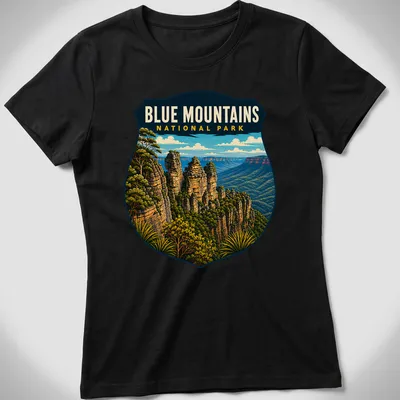 Vintage shield design featuring Blue Mountains National Park text with nature illustration. — printed on a women's shirt