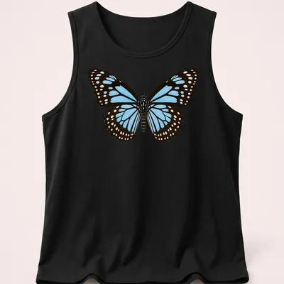 Realistic Blue Tiger Butterfly design in blue, black, and white on a — printed on a tank top