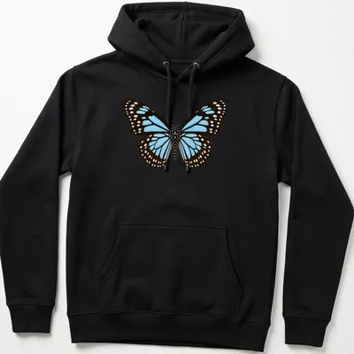 Realistic Blue Tiger Butterfly design in blue, black, and white on a — printed on a unisex hoodie