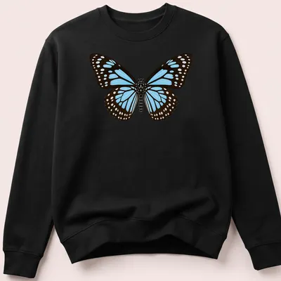 Realistic Blue Tiger Butterfly design in blue, black, and white on a — printed on a unisex sweatshirt