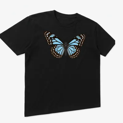 Realistic Blue Tiger Butterfly design in blue, black, and white on a — printed on a unisex t-shirt (angled view)
