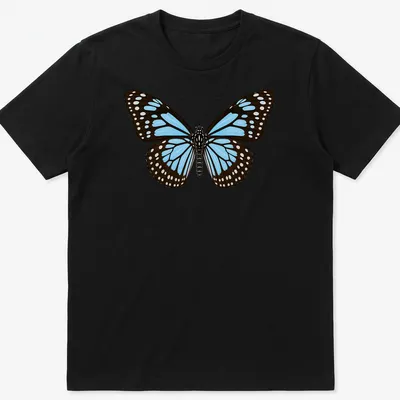 Realistic Blue Tiger Butterfly design in blue, black, and white on a T-shirt