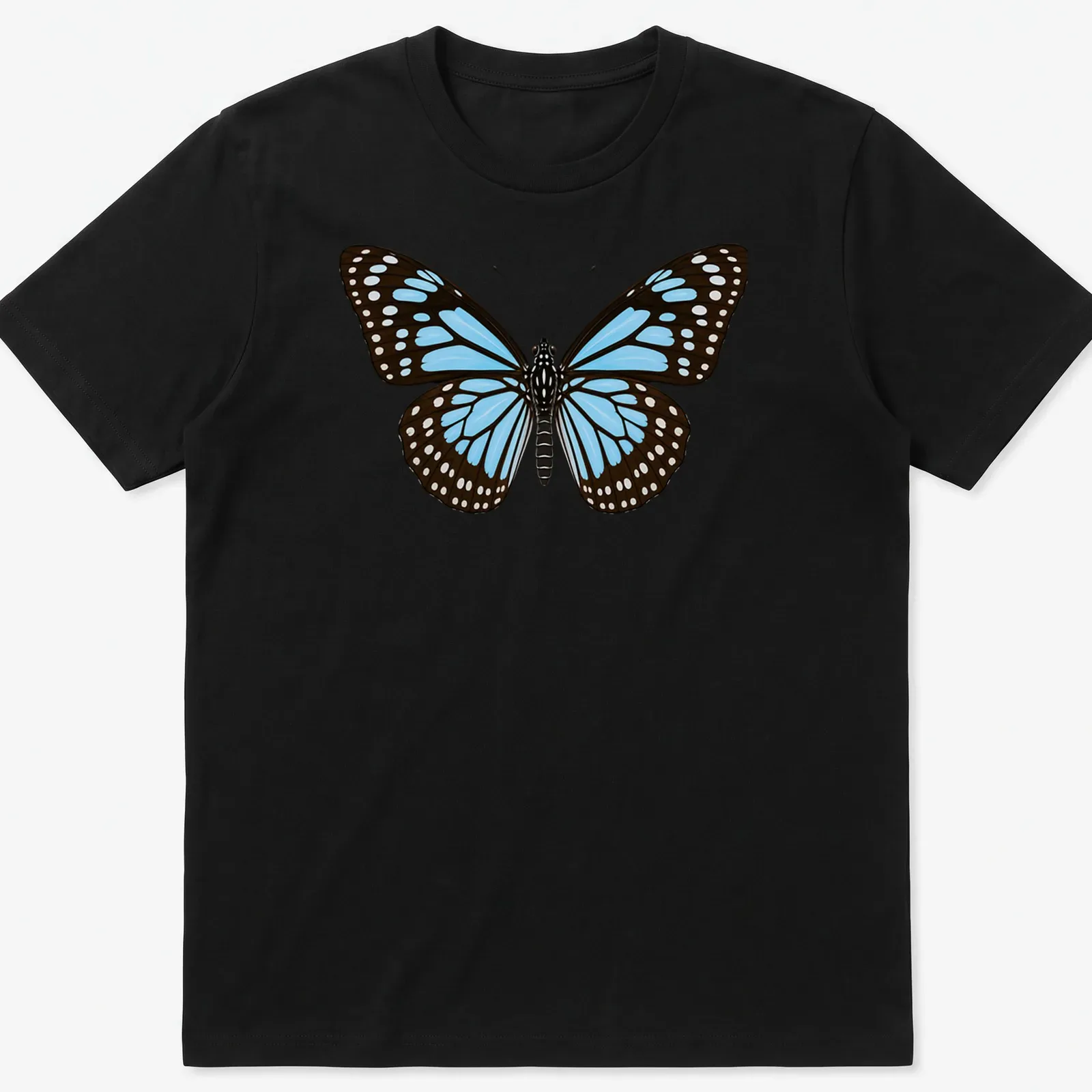 Realistic Blue Tiger Butterfly design in blue, black, and white on a — printed on a unisex t-shirt