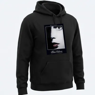 Artistic portrait t-shirt featuring Blue Velvet and David Lynch's name — printed on a unisex hoodie