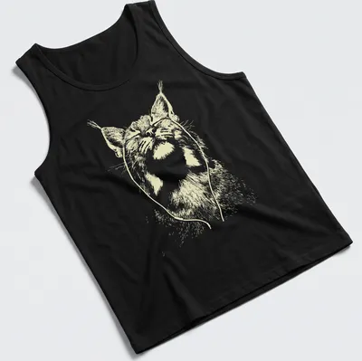 Minimalist line-art of a bobcat with earbuds in light yellow and white — printed on a tank top
