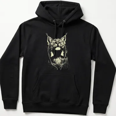 Minimalist line-art of a bobcat with earbuds in light yellow and white — printed on a unisex hoodie