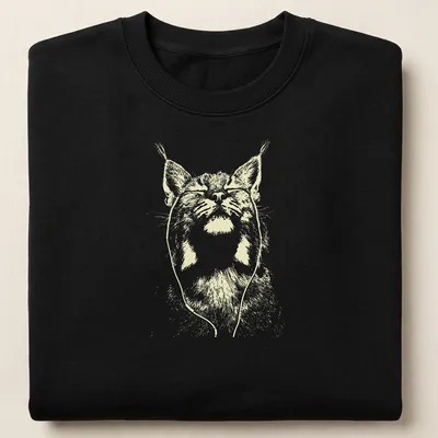 Minimalist line-art of a bobcat with earbuds in light yellow and white — printed on a unisex sweatshirt