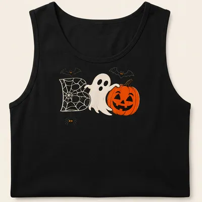 Retro distressed Halloween t-shirt featuring a ghost, pumpkin, and spider around the word 'Boo' — printed on a tank top