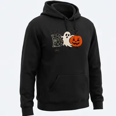 Retro distressed Halloween t-shirt featuring a ghost, pumpkin, and spider around the word 'Boo' — printed on a unisex hoodie