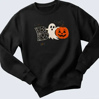 Retro distressed Halloween t-shirt featuring a ghost, pumpkin, and spider around the word 'Boo' — printed on a unisex sweatshirt