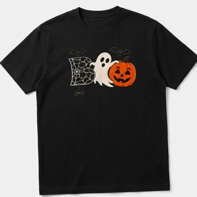 Retro distressed Halloween t-shirt featuring a ghost, pumpkin, and spider around the word 'Boo'