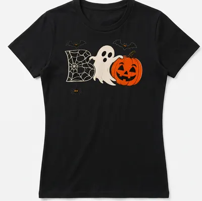 Retro distressed Halloween t-shirt featuring a ghost, pumpkin, and spider around the word 'Boo' — printed on a women's shirt