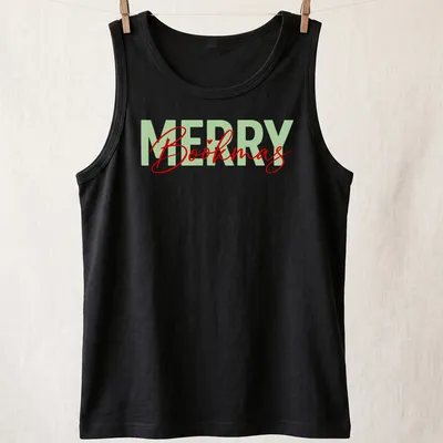 Modern calligraphy design saying Merry Bookmas for book lovers in festive colors — printed on a tank top