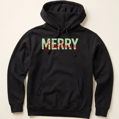 Modern calligraphy design saying Merry Bookmas for book lovers in festive colors — printed on a unisex hoodie