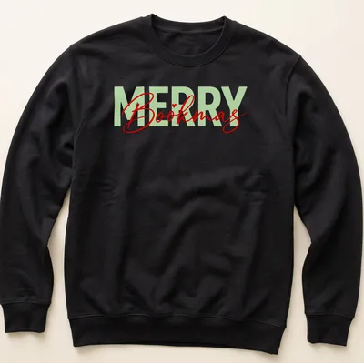 Modern calligraphy design saying Merry Bookmas for book lovers in festive colors — printed on a unisex sweatshirt