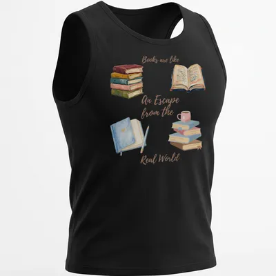 Watercolor graphic of books and a cup, with the text 'Books are like An Escape from the Real World' — printed on a tank top