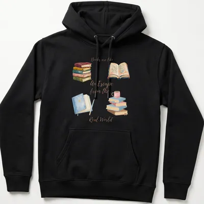 Watercolor graphic of books and a cup, with the text 'Books are like An Escape from the Real World' — printed on a unisex hoodie