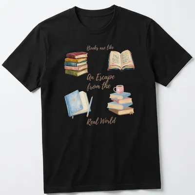 Watercolor graphic of books and a cup, with the text 'Books are like An Escape from the Real World'