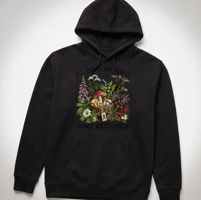 Vintage botanical illustration featuring various plants and mushrooms with text. — printed on a unisex hoodie