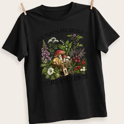Vintage botanical illustration featuring various plants and mushrooms with text.