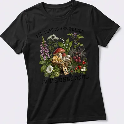 Vintage botanical illustration featuring various plants and mushrooms with text. — printed on a women's shirt