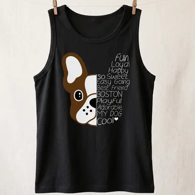 Kawaii line-art illustration of a brown Boston Terrier on a — printed on a tank top
