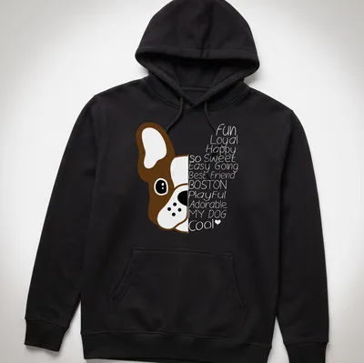 Kawaii line-art illustration of a brown Boston Terrier on a — printed on a unisex hoodie