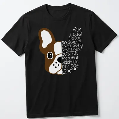 Kawaii line-art illustration of a brown Boston Terrier on a t-shirt