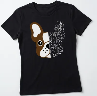 Kawaii line-art illustration of a brown Boston Terrier on a — printed on a women's shirt
