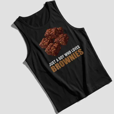 Cartoon design with text and brownies, featuring playful colors. — printed on a tank top