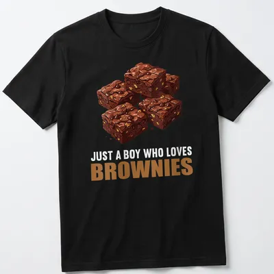 Cartoon design with text and brownies, featuring playful colors.