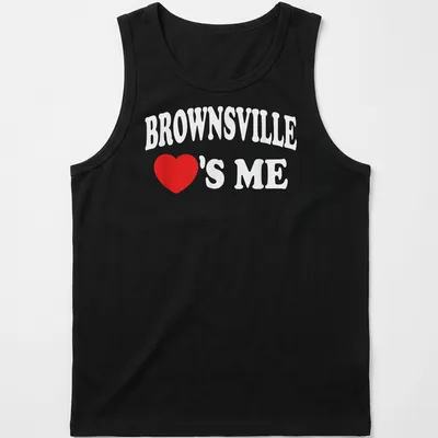 Bold Brownsville Loves Me t-shirt in red and white lettering — printed on a tank top