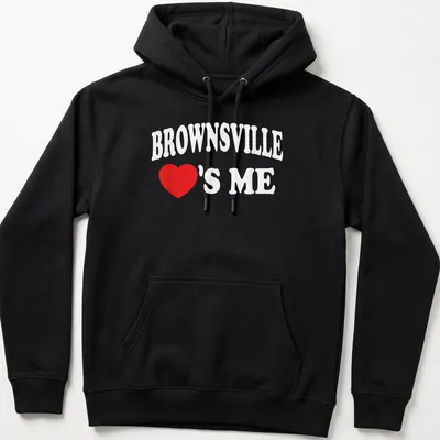 Bold Brownsville Loves Me t-shirt in red and white lettering — printed on a unisex hoodie
