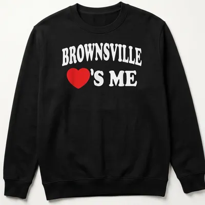 Bold Brownsville Loves Me t-shirt in red and white lettering — printed on a unisex sweatshirt