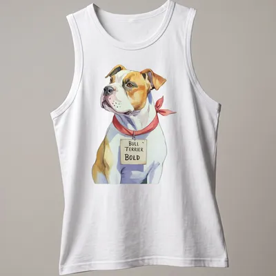 Realistic illustration of a Bull Terrier with text 'BULL TERRIER BOLD' — printed on a tank top