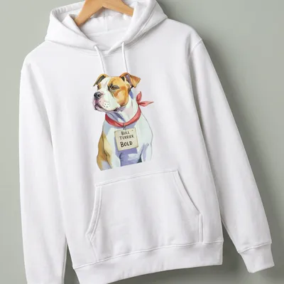 Realistic illustration of a Bull Terrier with text 'BULL TERRIER BOLD' — printed on a unisex hoodie