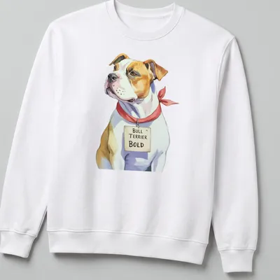 Realistic illustration of a Bull Terrier with text 'BULL TERRIER BOLD' — printed on a unisex sweatshirt