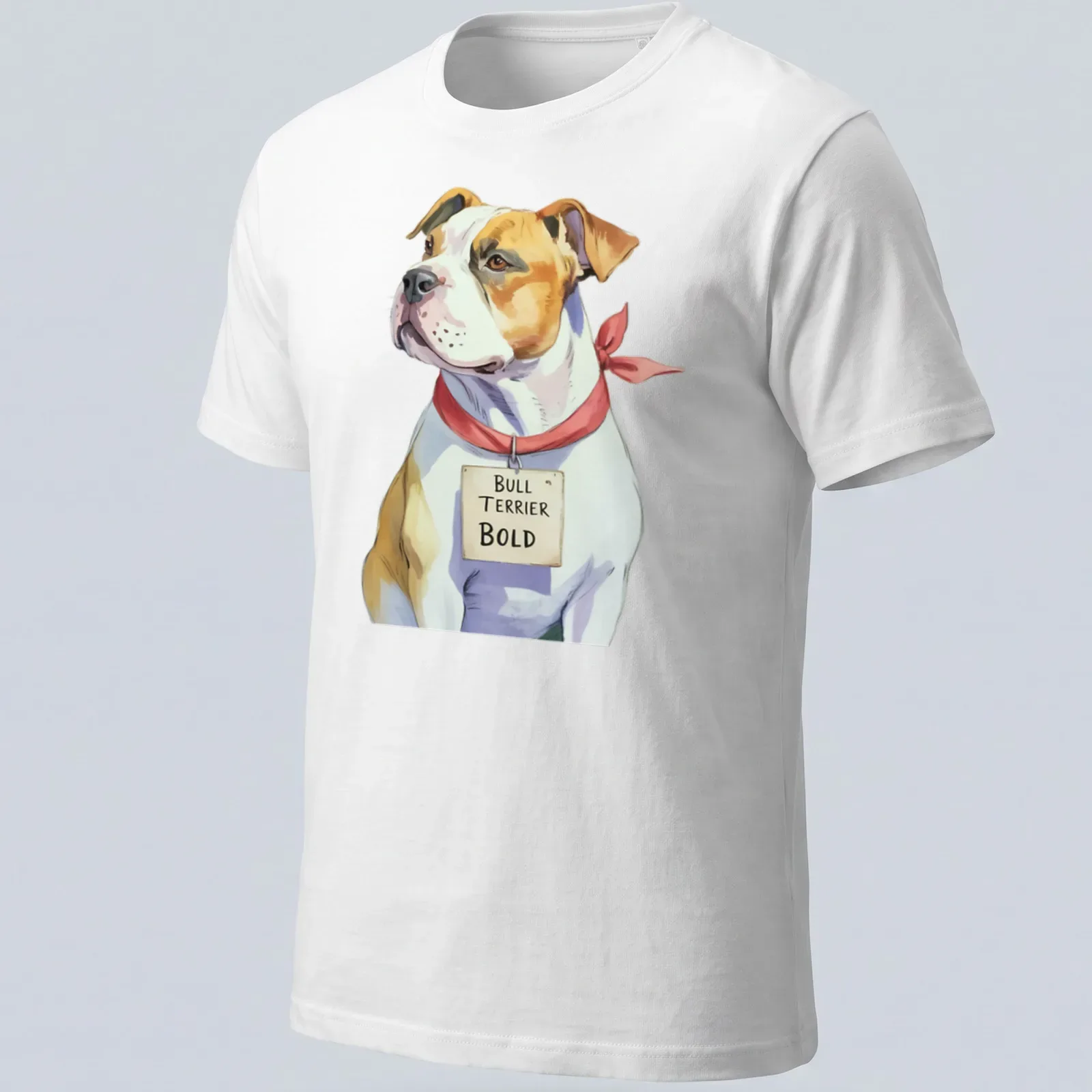 Realistic illustration of a Bull Terrier with text 'BULL TERRIER BOLD' — printed on a unisex t-shirt