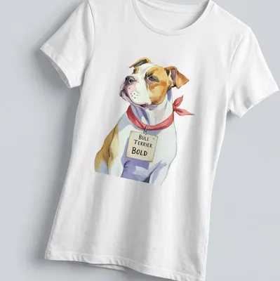 Realistic illustration of a Bull Terrier with text 'BULL TERRIER BOLD' — printed on a women's shirt
